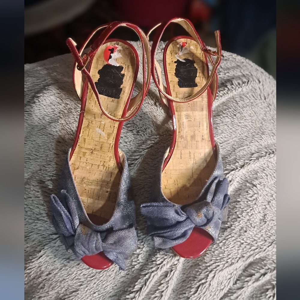 G by Guess Red and Blue Denim Heels